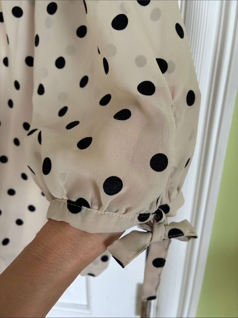 Sara Michelle Beige and Black Polka Dot Blouse - Scoop Neck, 3/4 Sleeve - Picture 4 of 7